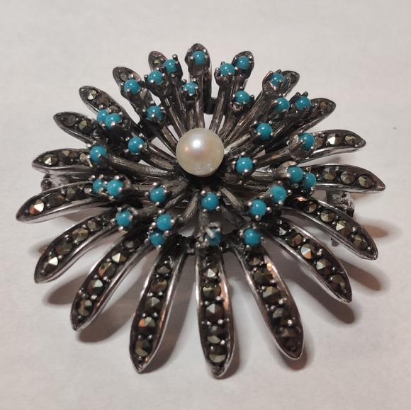 Vintage 60s Germany Silver 935 Chrysanthemum Flower Marcasite Brooch - Picture 1 of 16